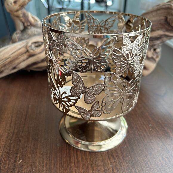 Bath & Body Works Silver Glitter Butterfly 3-Wick Candle Holder Metal Sleeve - Picture 2 of 5